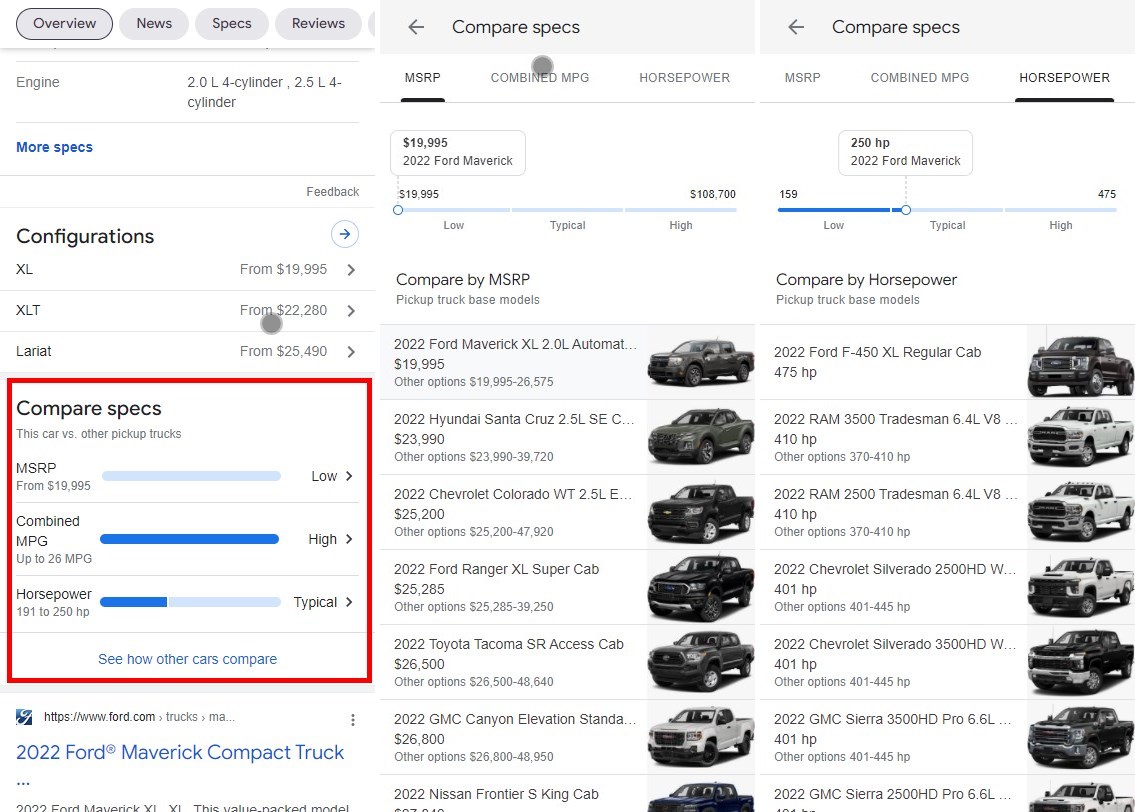 Google Tests Compare Specs SERP Feature for Cars In the US on Mobile