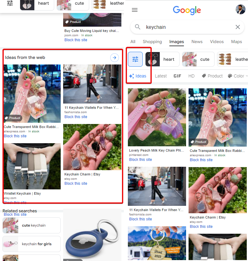 Google Test Dedicated Ideas Tab and Ideas from the web section in Image SERP… watch out Pinterest