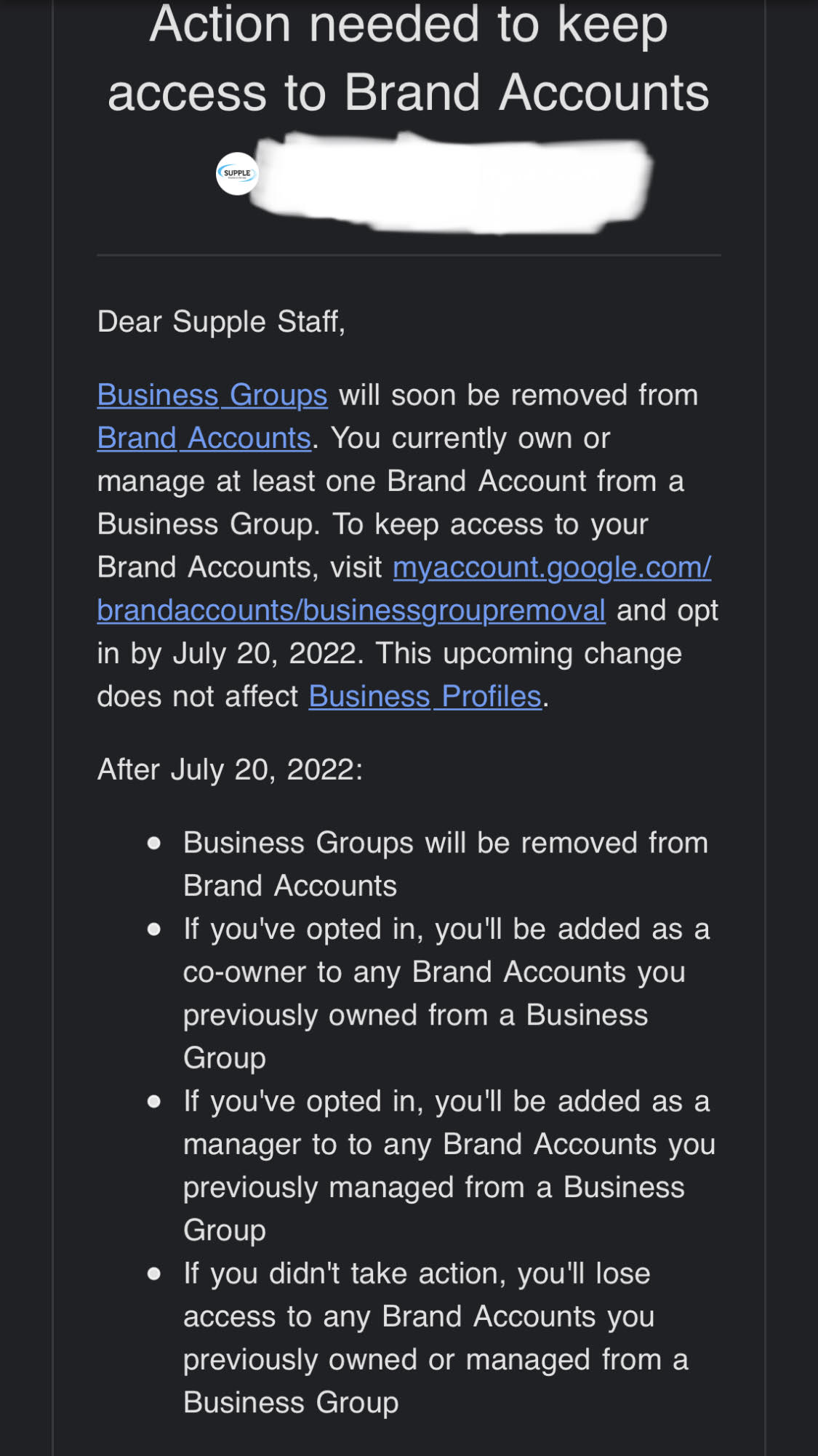 Business Groups will soon be removed from Google Brand Accounts